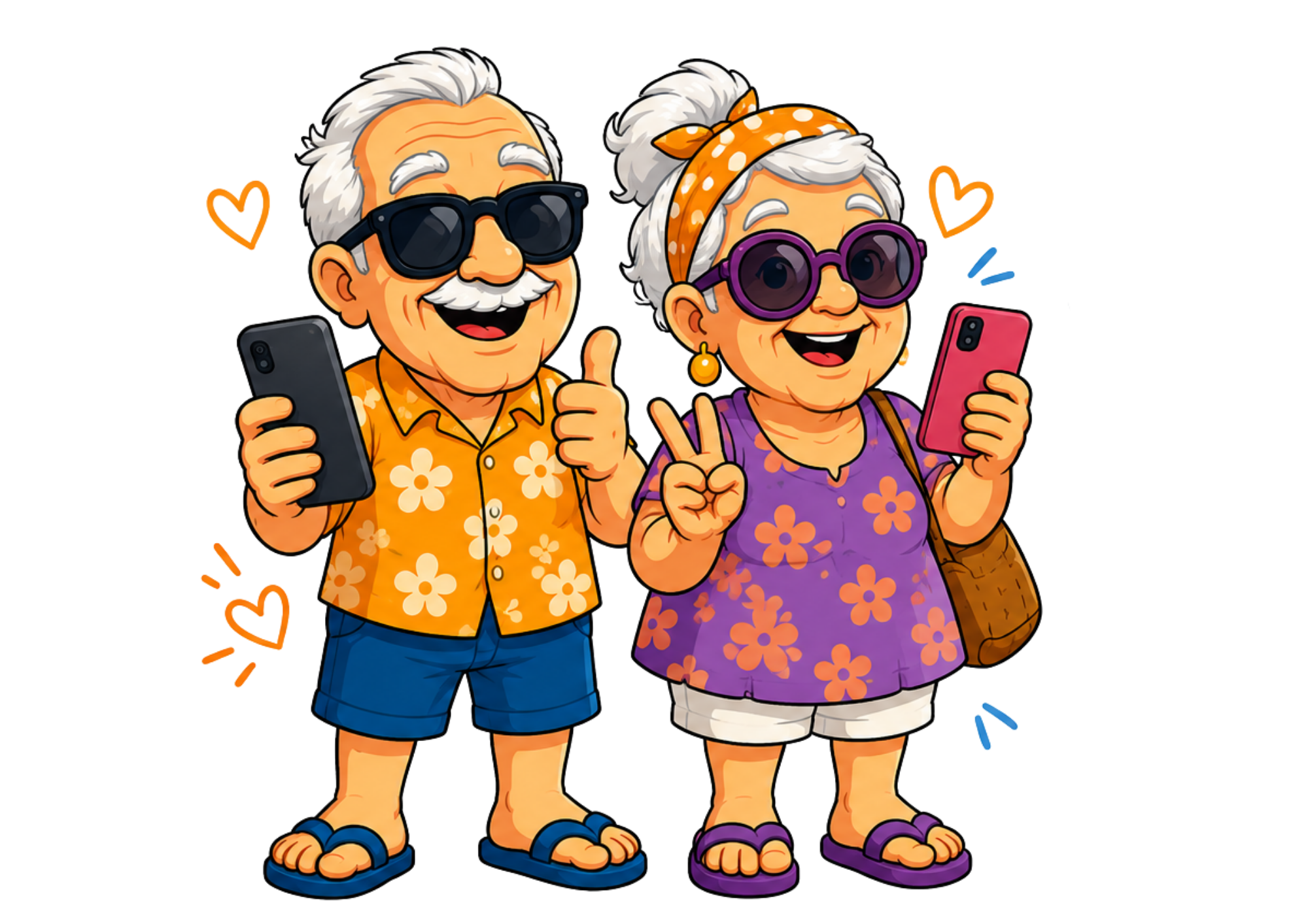 Casal mascote do Ajuda o Véio usando celulares